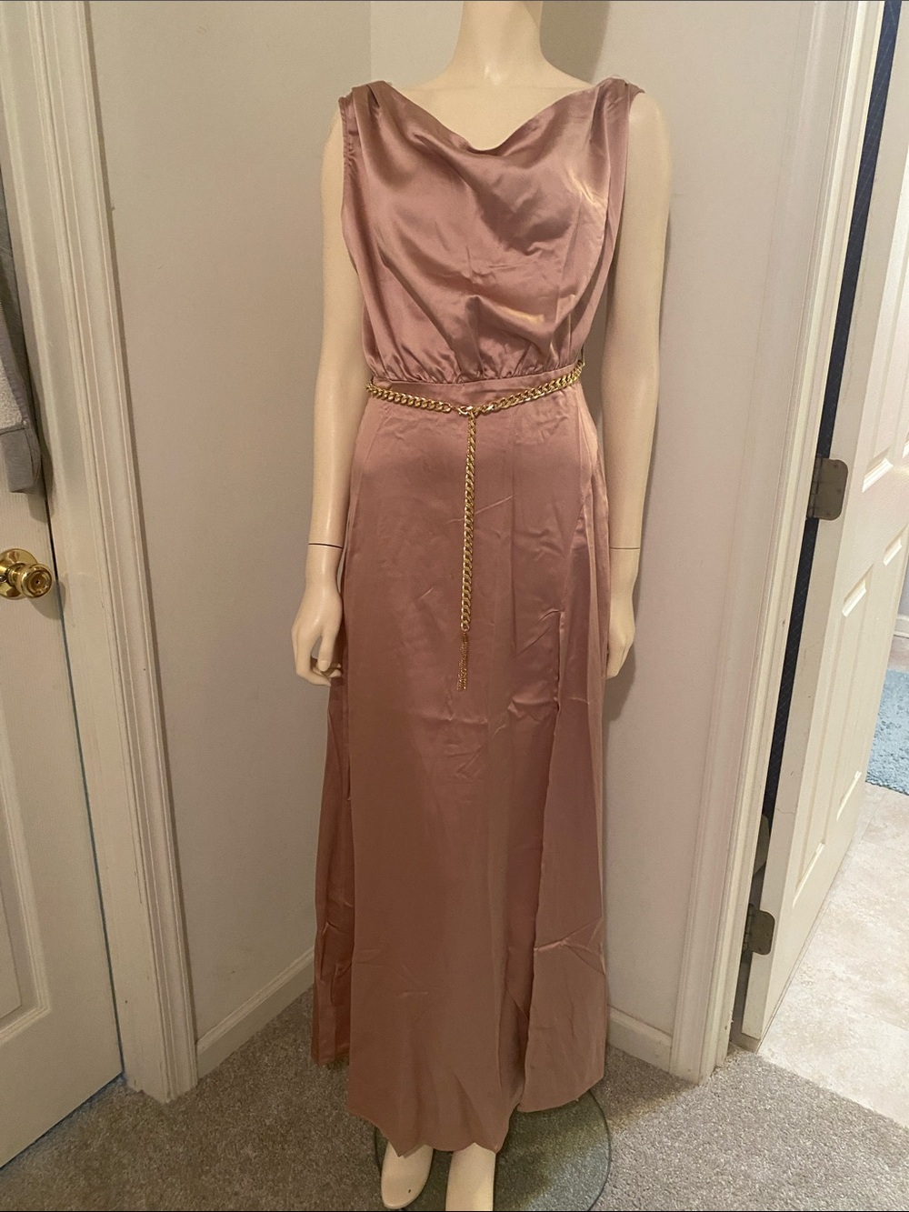 Main Strip Rose Satin Maxi Dress with Gold Chain Belted Waist